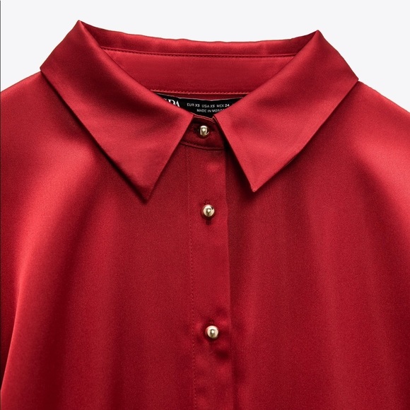🌹NWT. Zara Dark Pink/Red Satin Shirt Mini Dress with V-neck. Size L. - Picture 7 of 10